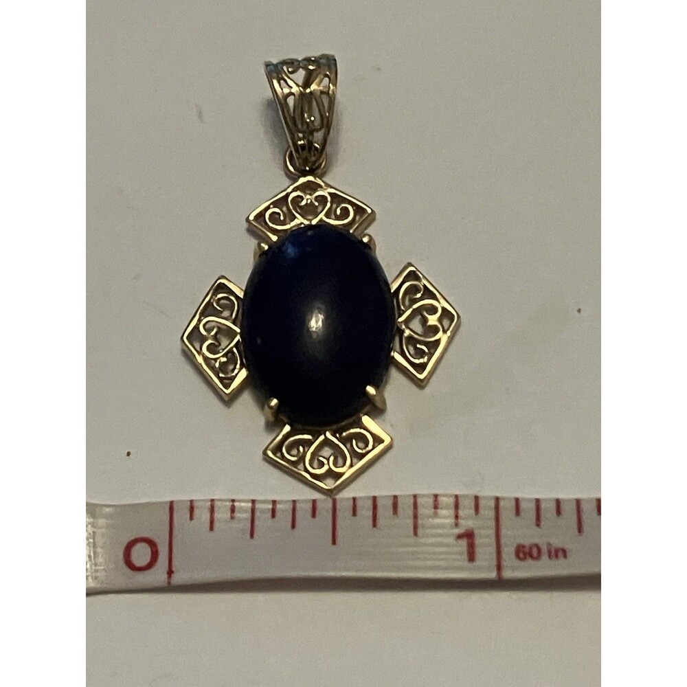10K Yellow Gold Lapis Lazuli Cross Pendant Filigree Charm JAM Hallmark Vintage - Picture 7 of 8